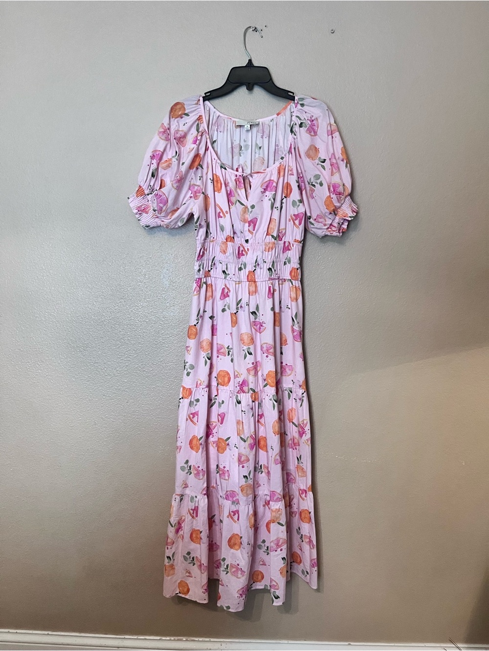 Pinch Pink Floral Puff-Sleeve Maxi Dress with Orange Accents